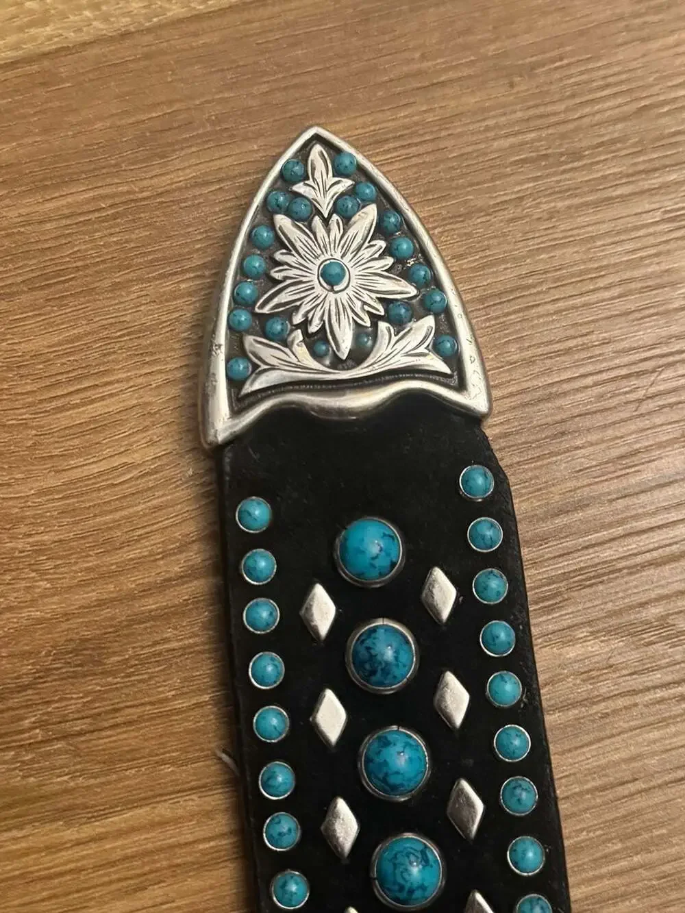 Western Style Black Leather Belt with Turquoise Inlay and Ornate Silver Floral B